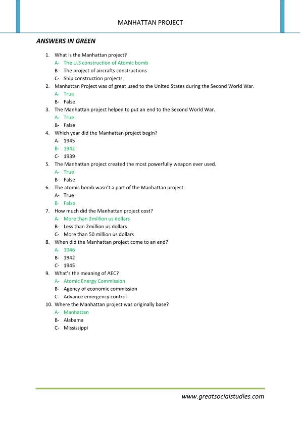 What is the Manhattan project, work sheet, Manhattan project facts